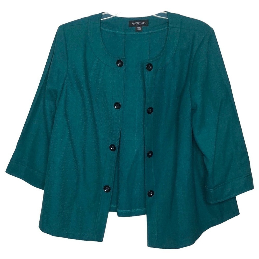 PERCEPTIONS WOMAN Green Open Front Round Neck Blazer Button Trim Detail Size 18W